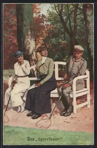 Künstler-AK Arthur Thiele: Das Sperrfeuer, Soldat mit 2 Frauen auf einer Bank zeichnet Herz in den Sand