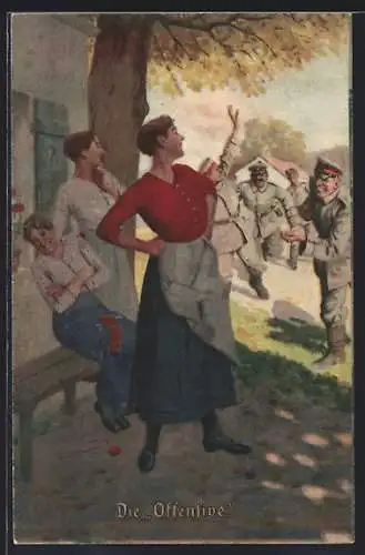Künstler-AK Arthur Thiele unsign.: Die Offensive, Soldaten pirschen sich an junge Frauen heran
