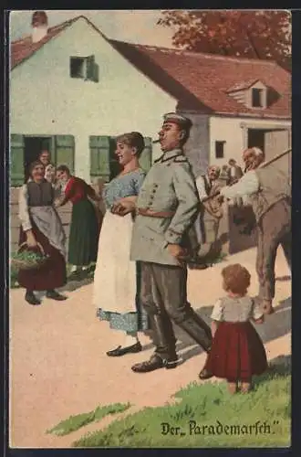 Künstler-AK Arthur Thiele unsign.: Soldatenhumor Der Parademarsch Stolzer Soldat mit seiner neuen Eroberung
