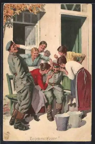 Künstler-AK Arthur Thiele unsign.: Soldat bekommt ein Trommelfeuer von Ansprachen auf sein Ohr geprasselt