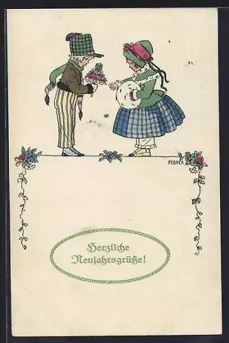 Künstler-AK Pauli Ebner: Junge überreicht Mädchen Blumen