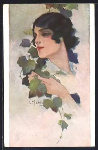 Künstler-AK sign. L. Yobbi: Schwarzhaarige Dame mit Efeuranke