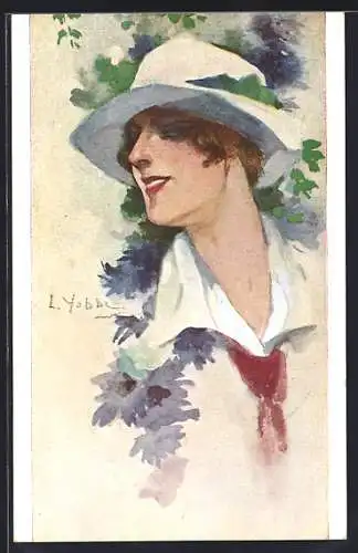 Künstler-AK sign. L. Yobbi: Lachende Frau mit weissem Hut und Blüten