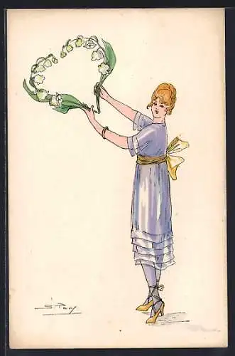 Künstler-AK sign. S. Pavy: Frau in violettem Kleid mit Maiglöckchenherz