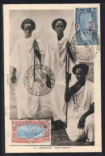 AK Djibouti, Types Somali, Afrikaner mit Speeren