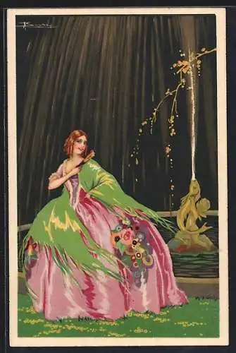 Künstler-AK Adolfo Busi: Junge Frau in schönem Kleid vor einem Brunnen