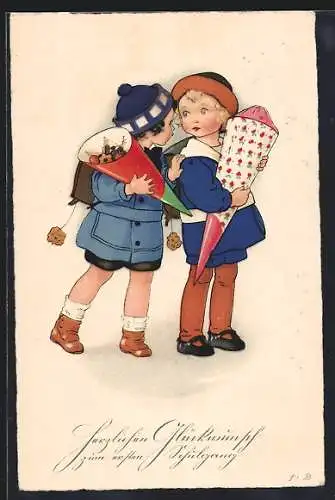 Künstler-AK F.Baumgarten: Unsigniert, Erster Schulgang, Kinder mit Schultüte und Mappen