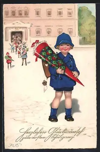 Künstler-AK Fritz Baumgarten: Erster Schulgang, Kinder mit Schultüte auf dem Hof