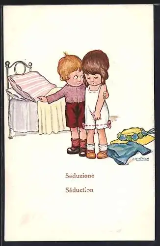 Künstler-AK A. Bertiglia: Kinder vor einem Bett