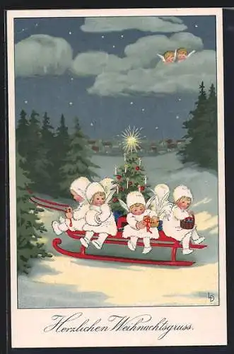Künstler-AK Lia Döring: niedliche Engel mit Weihnachtsbaum auf einem Schlitten