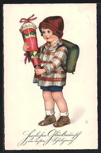 Künstler-AK Lia Döring: Kind bei der Einschulung, Zuckertüte