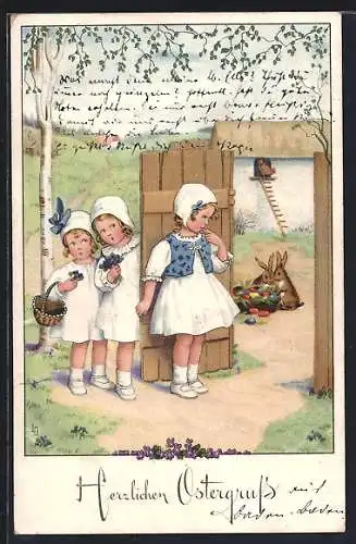 Künstler-AK Lia Döring: Drei Mädchen sehen den Osterhasen
