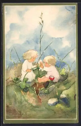 Künstler-AK Milli Weber: Kinder spielen mit Grashalmen