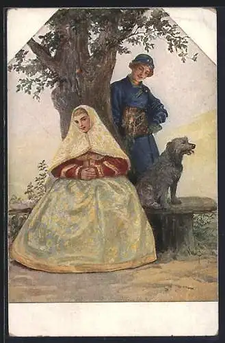 Künstler-AK S. Solomko: Junger Mann im Gespräch mit seiner Liebsten, Antwort erwartend