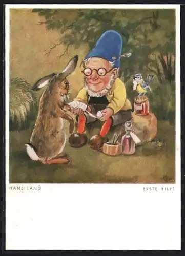 Künstler-AK Zwergenarzt verbindet die Pfote eines Hasen, Meise
