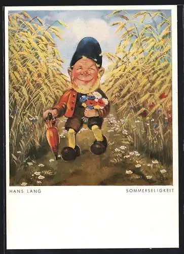 Künstler-AK sign. Hans Lang: Sommerseligkeit, Fröhlicher Zwerg durchwandert Kornfeld