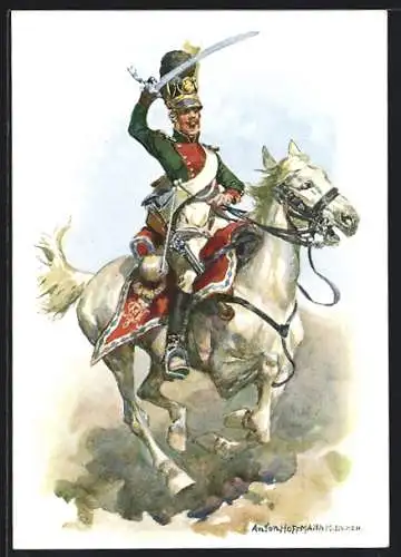 Künstler-AK Anton Hoffmann - München: Uniformen des bayer. 2. Chevauleger-Regiment Taris, Chevauleger mit Schwert 1811
