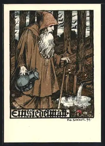 Künstler-AK Rudolf Schiestl: Einsiedelman holt Wasser aus einer Quelle im Wald