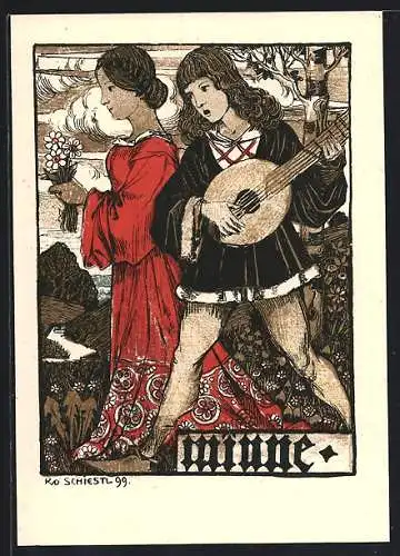 Künstler-AK Rudolf Schiestl: Minne beim Musizieren