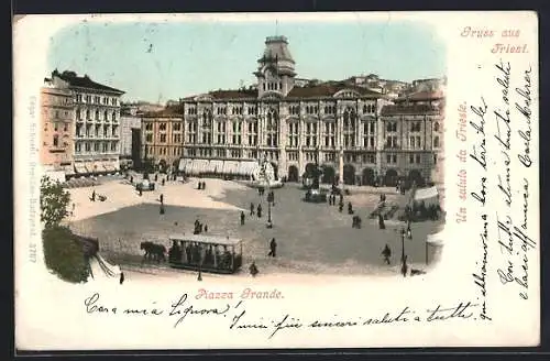 AK Triest, Piazza Grande mit Pferdebahn aus der Vogelschau
