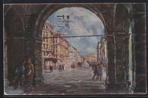 Künstler-AK Trieste, Via Carducci vista dai Portici di Chiozza