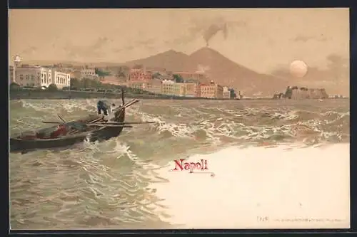 Lithographie Napoli, Fischer mit seinem Boot auf dem Meer vor der Stadt, Um 1900