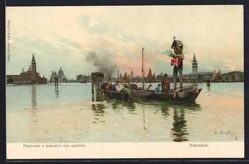 AK Venezia, Panorama e pescatori con capitello, Schiff