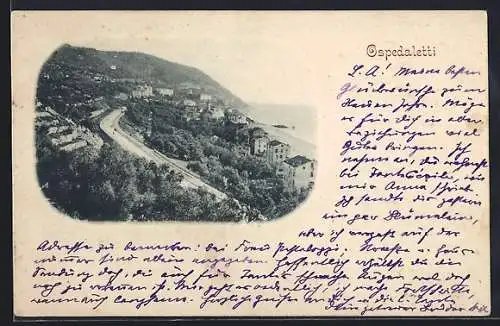 AK Ospedaletti, Totalansicht mit Strasse und Meer aus der Vogelschau