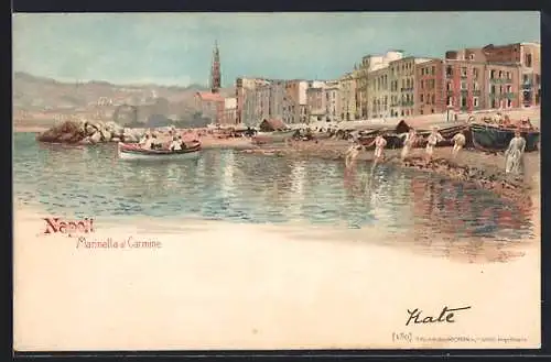 Künstler-AK Napoli, Marinella al Carmine, Partie am Strand, Ruderboot