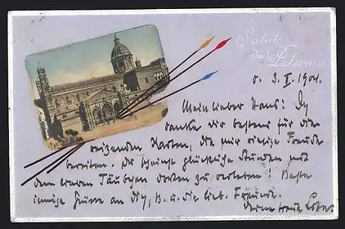AK Palermo, Domansicht im Palette-Passepartout mit Pinseln