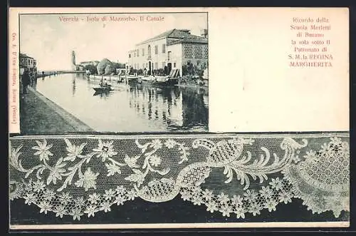 AK Venezia, Isola di Mazzorbo, Il Canale, Stoff mit Stickerei