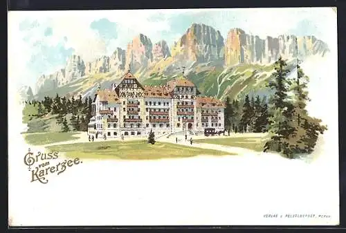 Lithographie Karersee, Ortspartie mit Hotel