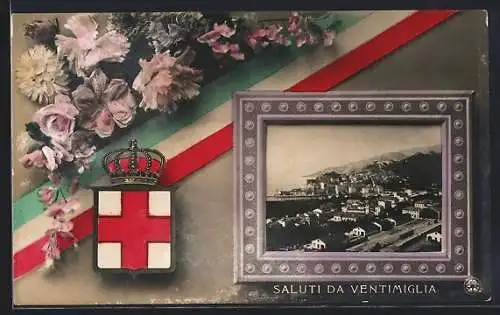 AK Ventimiglia, Panorama, Wappen mit Blumen, Passepartout