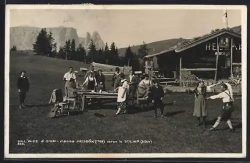 AK Seis am Schlern, Malga Heisbäk sull` Alpe di Siusi, tanzende Gäste