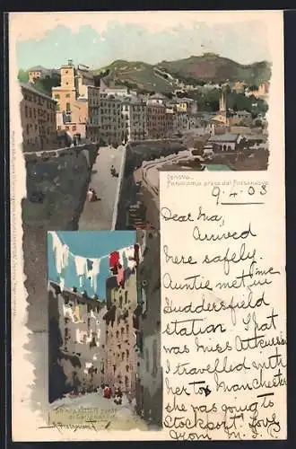 Lithographie Genua, Panorama prego dal Passanuovo, Strada sotto il ponte di Carignano