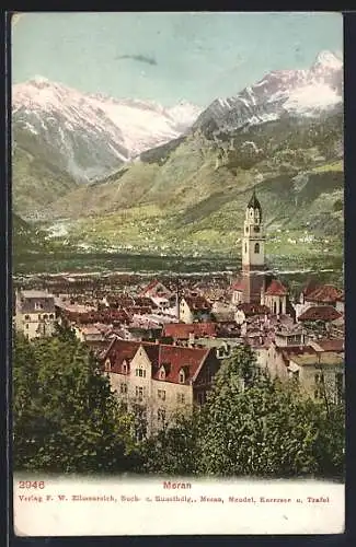 AK Meran, Totalansicht mit Bergpanorama aus der Vogelschau