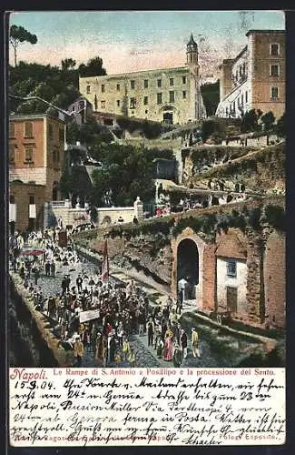 AK Napoli, Le Rampe di S. Antonio a Posilippo e la Processione del Santo