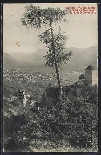AK Meran /Südtirol, Ortsansicht mit Schloss Tirol u. Schloss Brunnenburg