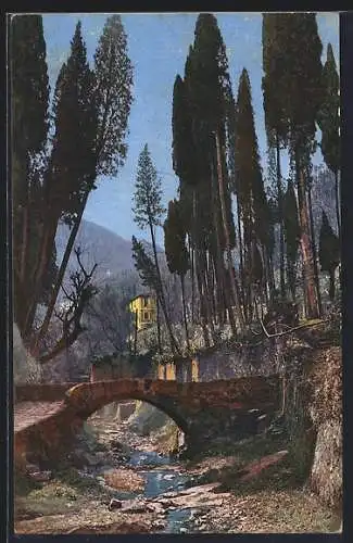 AK Photochromie NR. 2610: Riviera di Levante, Camogli, Ortspartie im Flussbett mit Steinbrücke