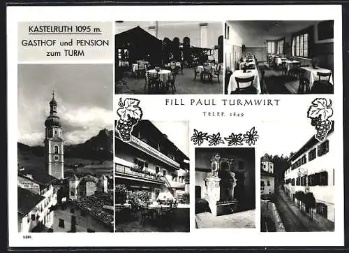 AK Kastelruth am Schlern, Gasthof-Pension zum Turm Fill Paul, Ansichten mit Turm u. Garten, Innenansicht