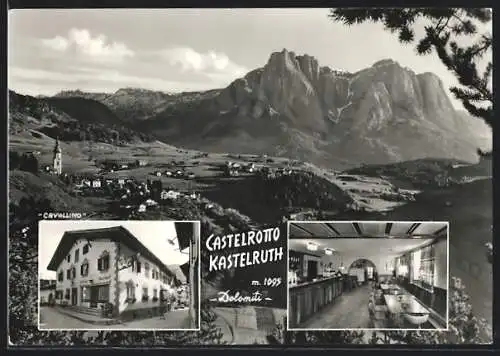 AK Kastelruth, Gasthof zum goldenen Rössl mit Innenansicht, Gesamtansicht mit Dolomiten