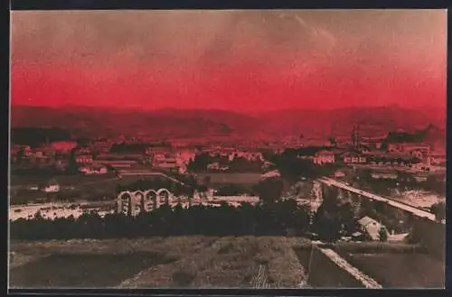 AK Acqui, Panorama mit Strassenpartie bei Sonnenuntergang