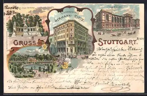 Lithographie Stuttgart, Warenhaus Hermann Tietz, Wilhelma, Neue Bibliothek