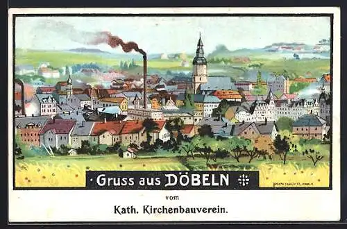 Lithographie Döbeln, Stadtansicht, Spendenaufruf des Kath. Kirchenbauvereins