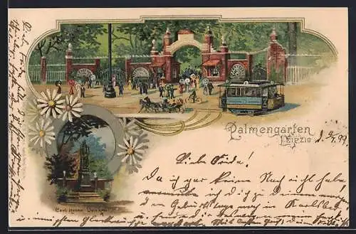 Lithographie Leipzig, Gasthaus Palmengarten, Carl Heine-Denkmal, Strassenbahn, Pferdekutsche