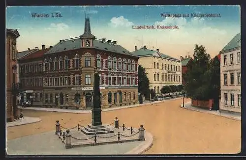 AK Wurzen, Wettinplatz mit Kriegerdenkmal, Landwirtschaftliche Kreisschule