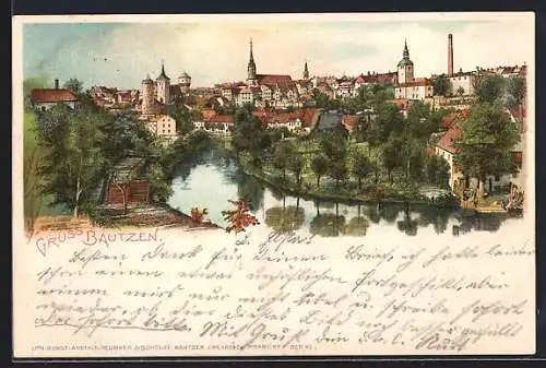 Lithographie Bautzen, Panoramablick auf die Stadt