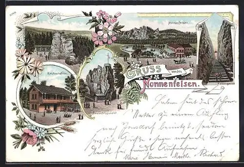 Lithographie Neu-Jonsdorf, Gondelfahrt, Restauration, Felsengasse