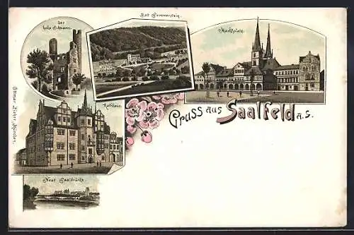 Lithographie Saalfeld a. S., Der Hohe Schwarm, Neue Saalbrücke, Rathaus und Marktplatz