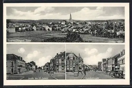 AK Saarwellingen /Saar, Bahnhofstrasse und Strasse des 13. Januar